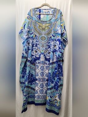 Lavish Blue, White and Yellow Decorative Print Caftan Tunic